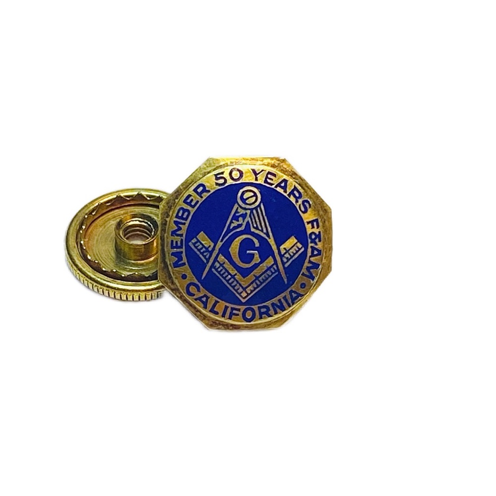 Masonic LAPEL PIN G Member 50 Years F&AM Free Masons 10k Gold and Blue Enamel